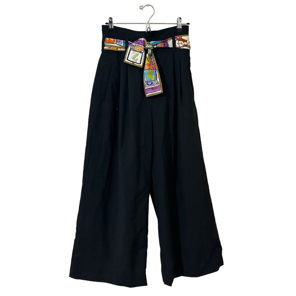 ZIMMERMANN Pants Black Wool High Waist Wide Leg Pleat Colorful Silk Belt size 6